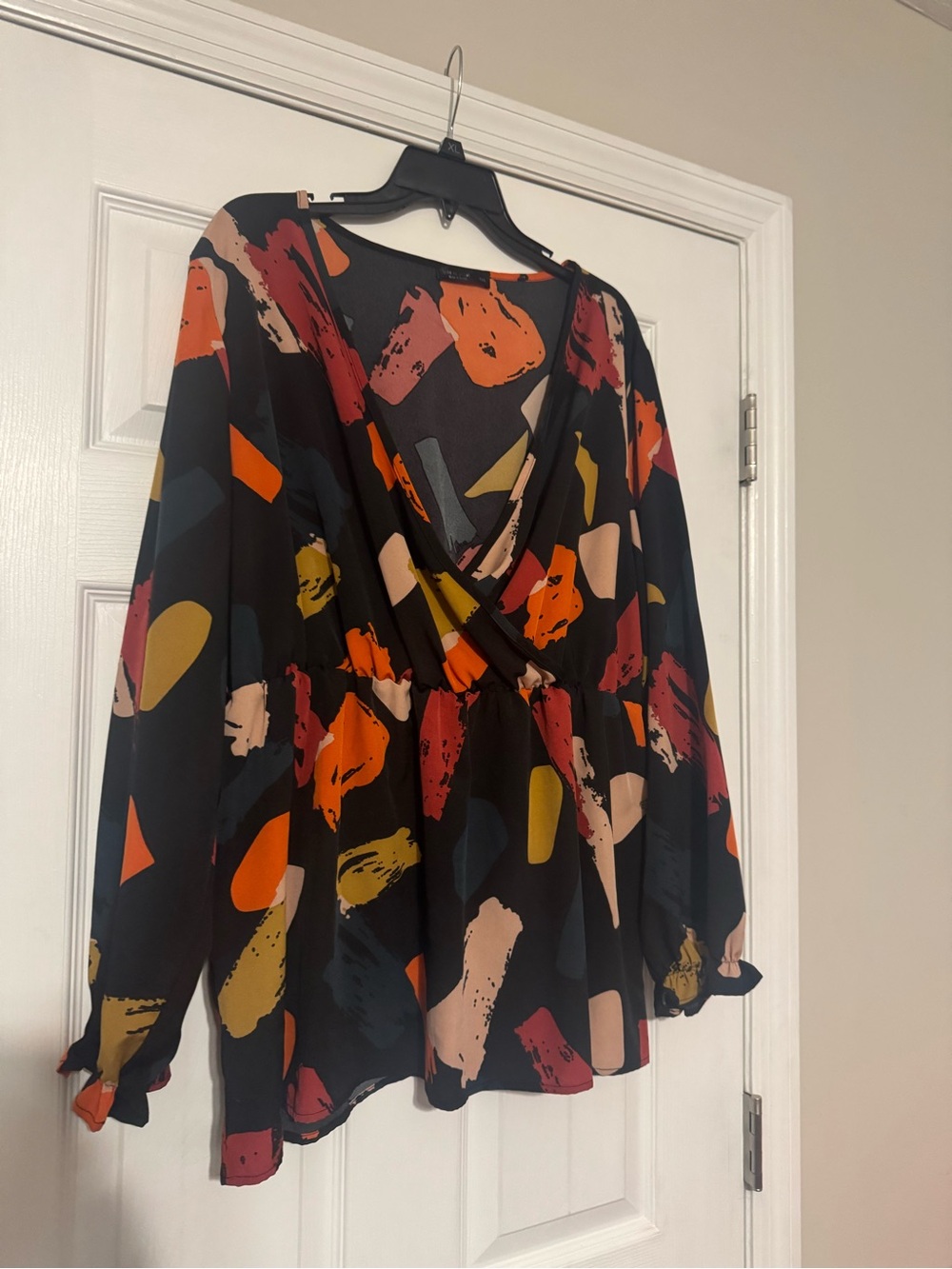 SHEIN Black Blouse with Rust Orange, Mustard, Blush & Teal Brushstroke Print